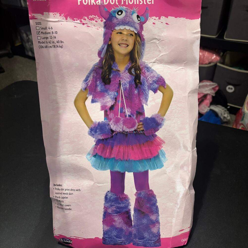 Fun World Polka Dot Monster Costume Girl Size Medium 8-10 Halloween Dress Hooded